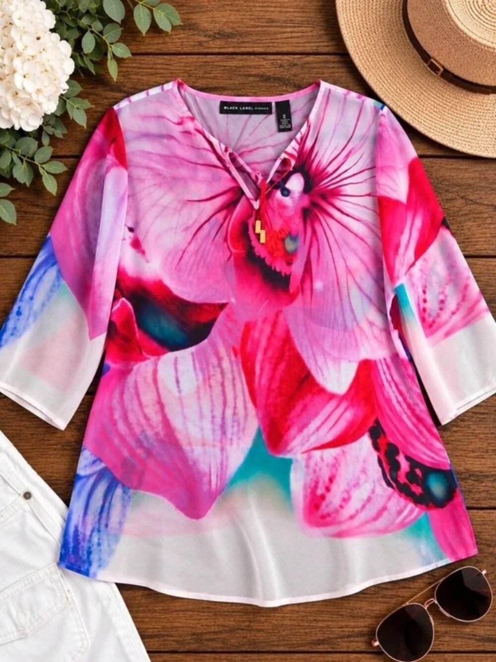 Black Label by Chico’s Floral Sheer Tunic Blouse Size 2 Pink Watercolor 3/4 Slee